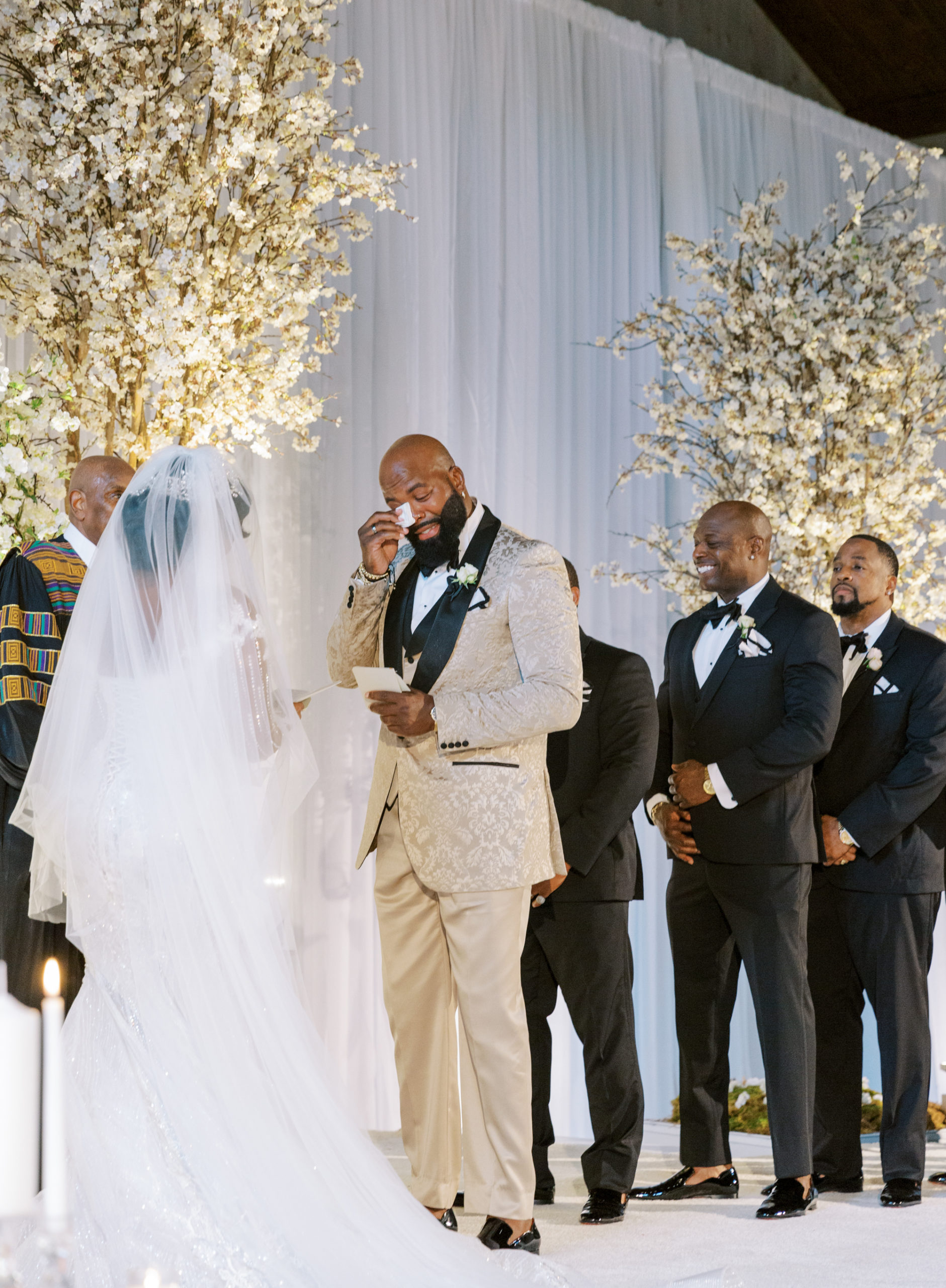 groom crying saying wedding vows, weddings ceremony, indoor ceremony with forest trees, georgia wedding, los angeles photographer, fine art film wedding photographer, atlanta wedding, The Ritz-Carlton Reynolds Lake Oconee wedding resort, Hannah Forsberg www.hannahforsberg.com, destination wedding photographer, Atlanta wedding photographer