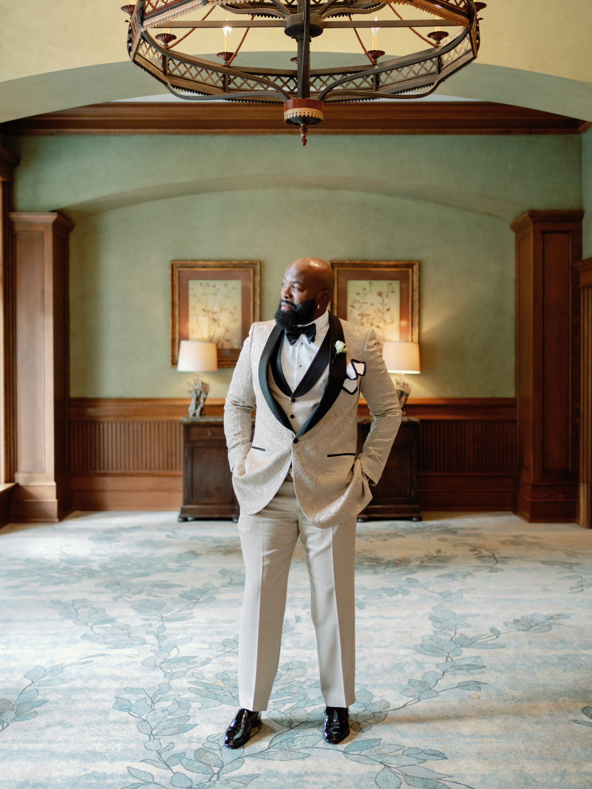 champagne-colored tux with intricate floral detailing designed by Sebastian Cruz,georgia wedding, los angeles photographer, fine art film wedding photographer, atlanta wedding, The Ritz-Carlton Reynolds Lake Oconee wedding resort, Hannah Forsberg www.hannahforsberg.com, destination wedding photographer, Atlanta wedding photographer