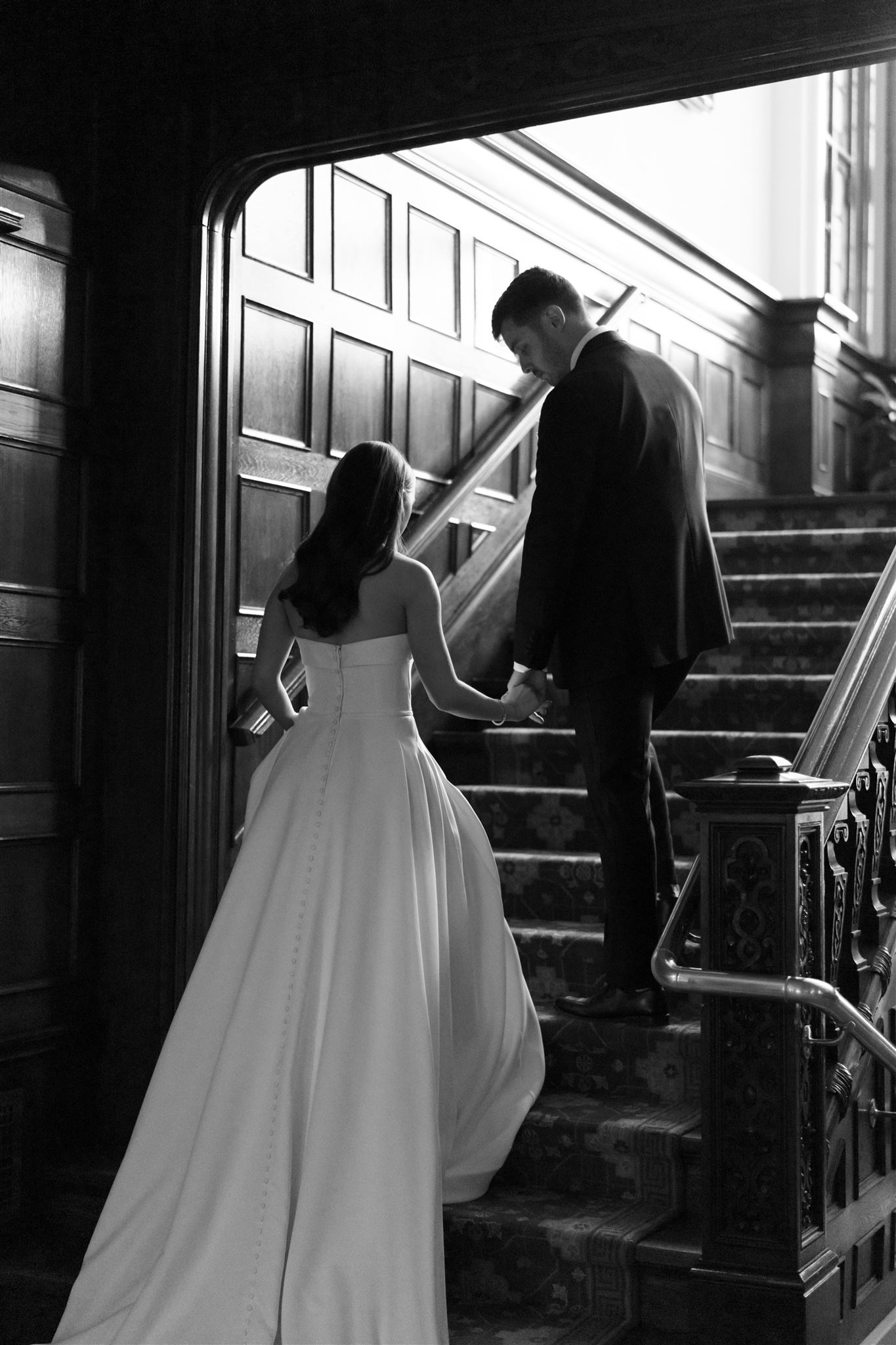 romantic bride and groom portrait on stairs dramatic hannah forsberg atlanta wedding photographer