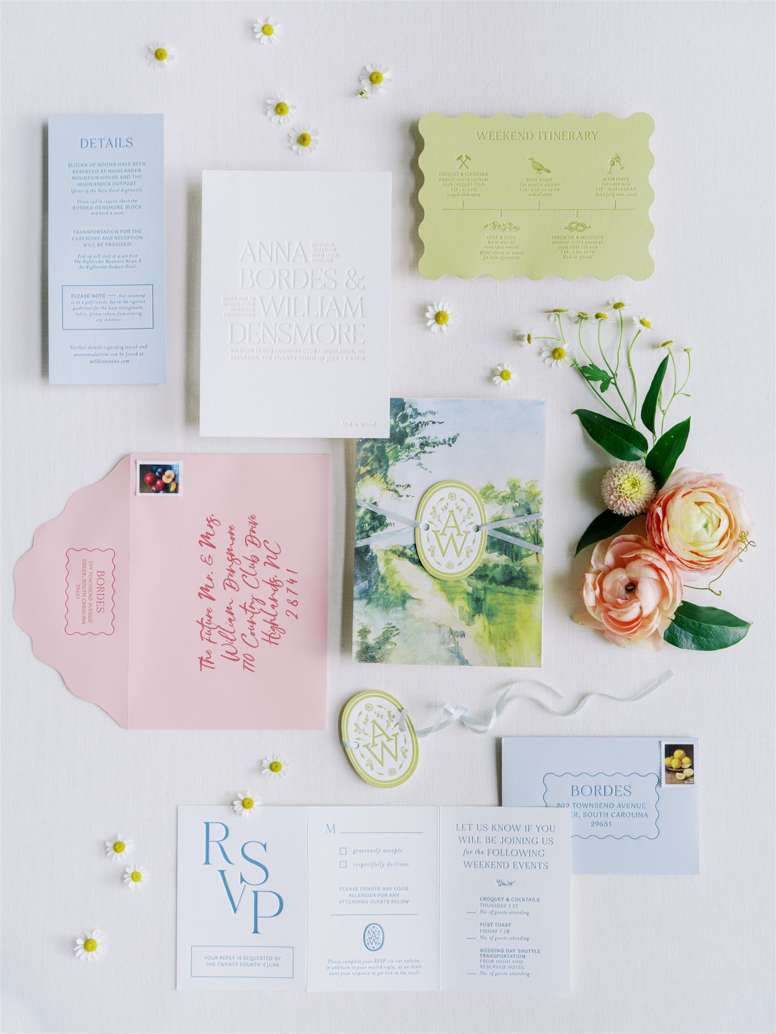 Colorful watercolor modern invitation suite by Salt and paper press highlands north carolina